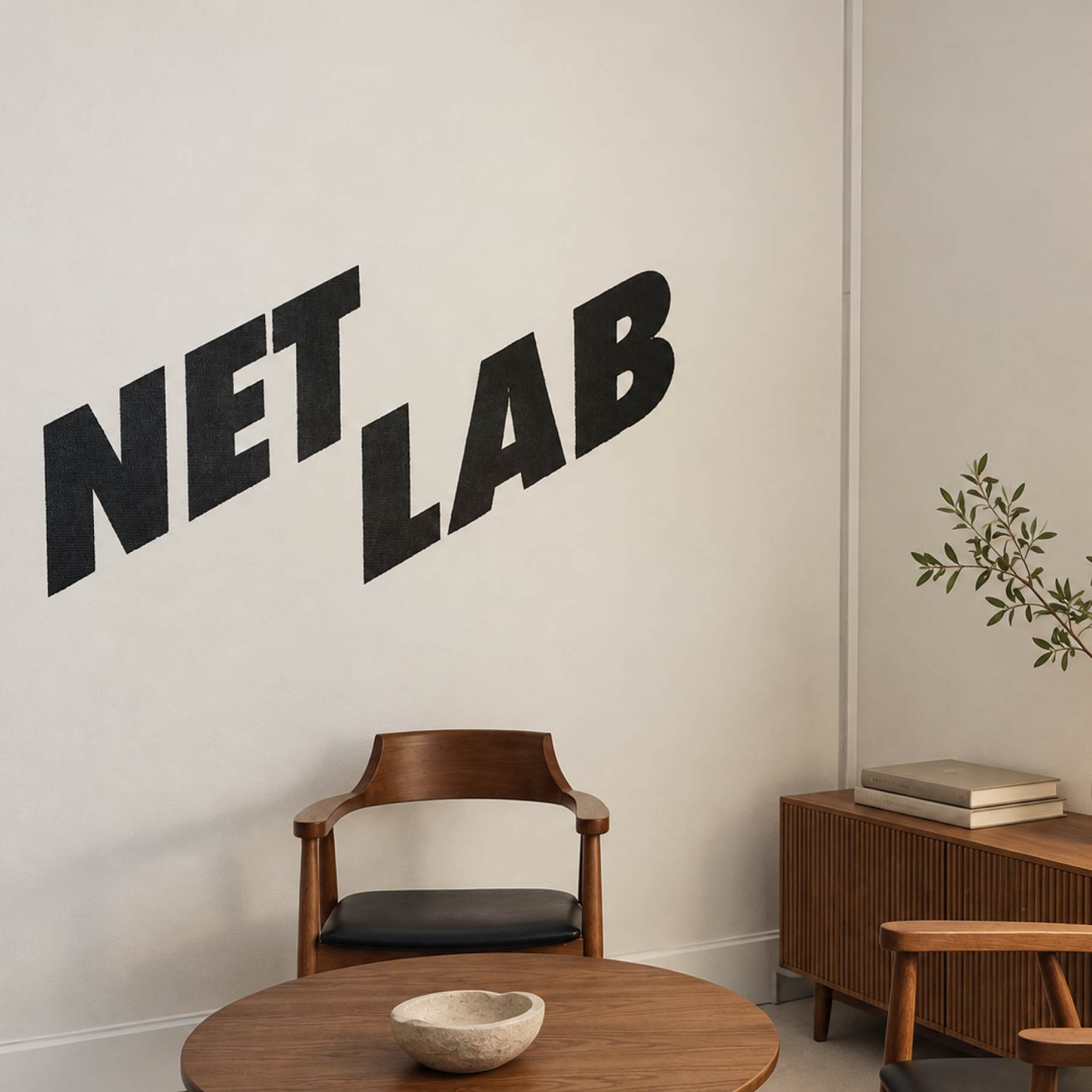 Зона отдыха студии с надписью NetLab на стене
